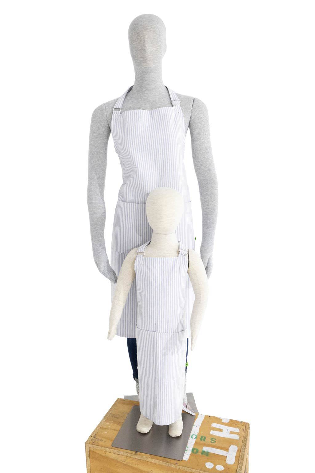 Mommy and Me Aprons - Matching Apron Set - Blue Ticking Stripe Linen Cotton Apron Set - Fabric Junkies