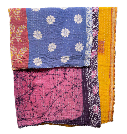 Vintage Cotton Kantha Blanket in Spring Flowers - Fabric Junkies
